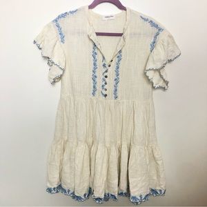 Goodnight Macaroon Embroidered Mini Prairie Peasant Dress Beige Blue Size Small